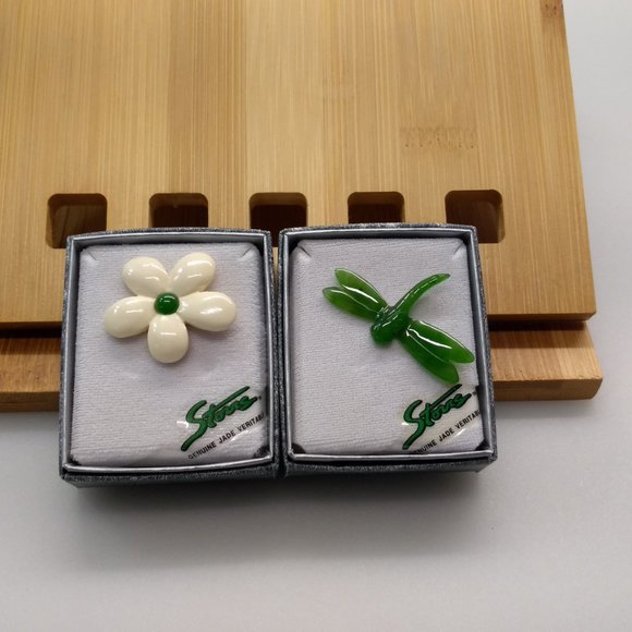 2 VTG JADE MOTHER OR PEARL PINS DRAGONFLY FLOWER - Picture 2 of 8